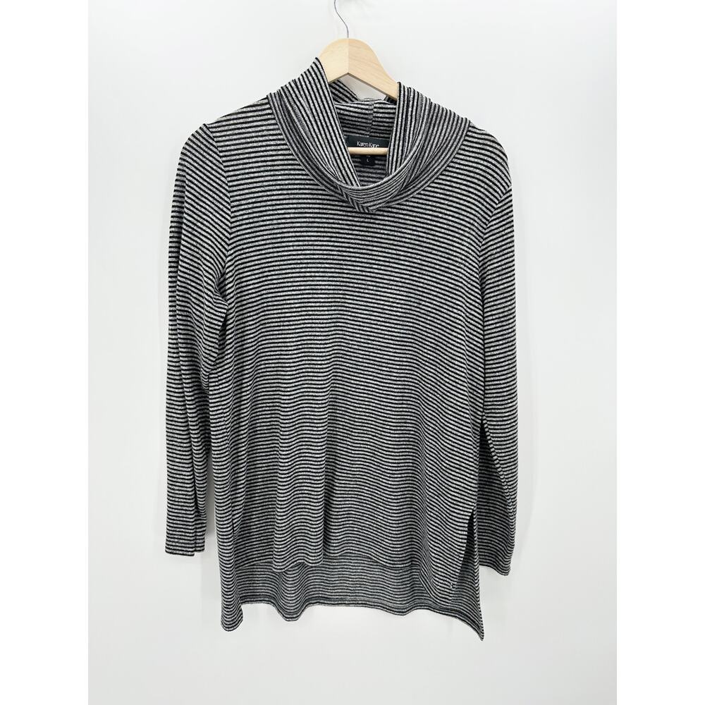 Karen Kane Womens Large Black Gray Striped Cowl Neck Pullover Side Slit Sweater‎